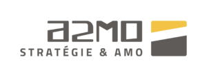 Logo A2MO avec mention Stratégie & AMO et pictogramme jaune et gris