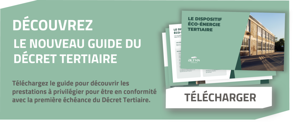 Bannière présentant le guide du Décret Tertiaire avec un aperçu du document et un bouton Télécharger