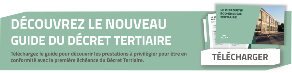 Bannière présentant le guide du Décret Tertiaire avec un aperçu du document et un bouton Télécharger