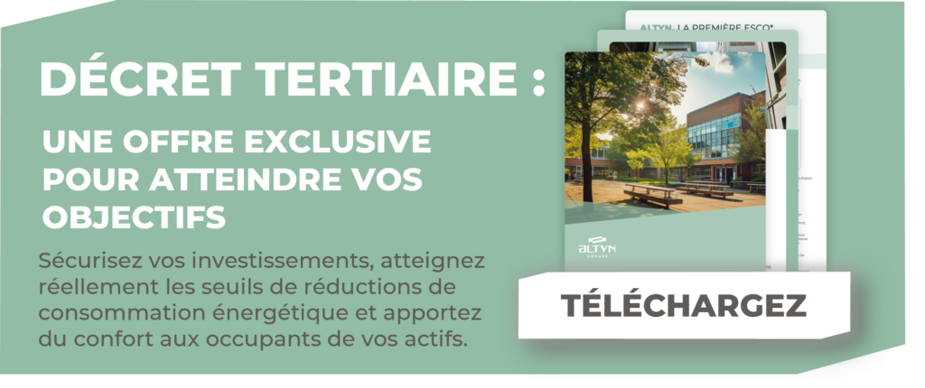 Bannière web présentant une offre exclusive pour atteindre les objectifs du Décret Tertiaire avec documents et bouton Télécharge