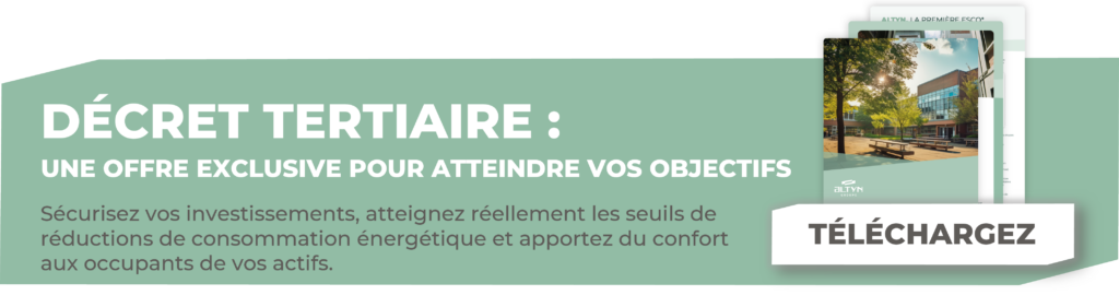 Bannière web présentant une offre exclusive pour atteindre les objectifs du Décret Tertiaire avec documents et bouton Télécharger