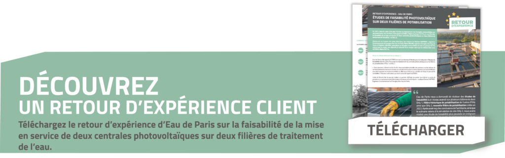 Bannière présentant le retour d’expérience d’Eau de Paris sur la faisabilité de deux centrales photovoltaïques, avec aperçu du document et bouton Télécharger
