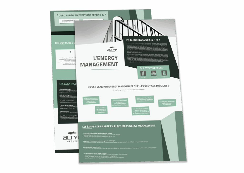 Brochure Altyn présentant l’offre d’Energy Management avec visuel de bâtiment tertiaire moderne