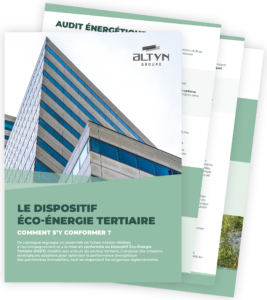 Mockup présentant le catalogue Éco‑Énergie Tertiaire d’Altyn Groupe avec visuels de bâtiments