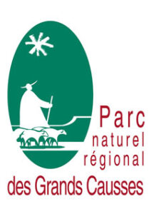 Logo du Parc naturel régional des Grands Causses avec silhouette de berger et d’animaux dans un ovale vert