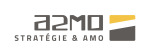 Logo A2MO avec mention Stratégie & AMO et symbole graphique jaune et gris