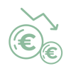 Icône représentant deux pièces en euros accompagnées d’une flèche descendante pour symboliser la réduction des coûts