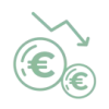 Icône représentant deux pièces en euros accompagnées d’une flèche descendante symbolisant la baisse des coûts