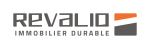 Logo Revalio avec mention Immobilier Durable et symbole graphique orange et gris
