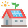 Icône représentant une maison équipée d’un panneau solaire et d’une pousse végétale sur le toit