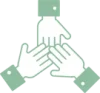 Icône représentant trois mains jointes symbolisant la collaboration et l’engagement collectif